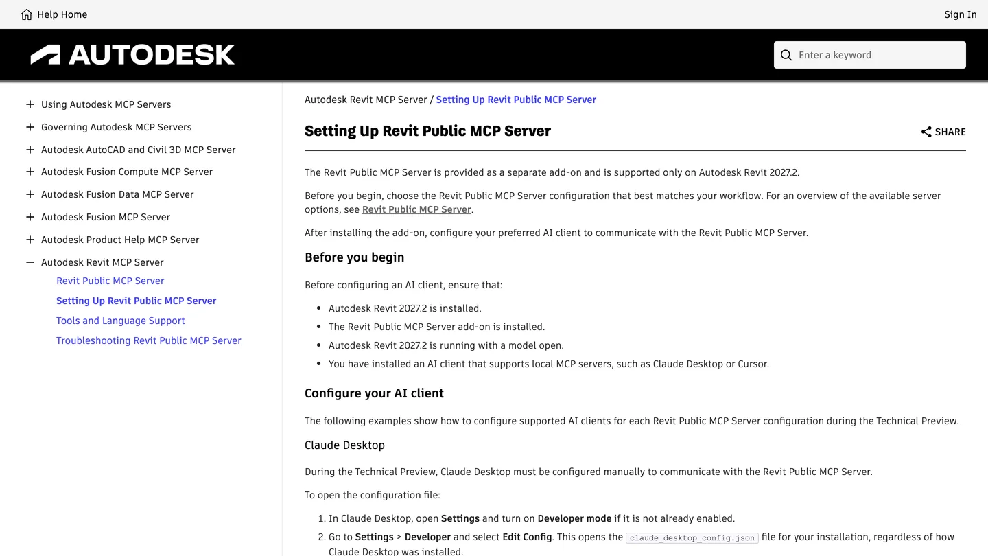 Autodesk's help page Setting Up Revit Public MCP Server, listing what to check before you begin, that Revit 2027.2 is installed, the add-on is installed, Revit is running with a model open and an AI client is installed, and the Claude Desktop steps: turn on Developer mode, then Settings, Developer, Edit Config