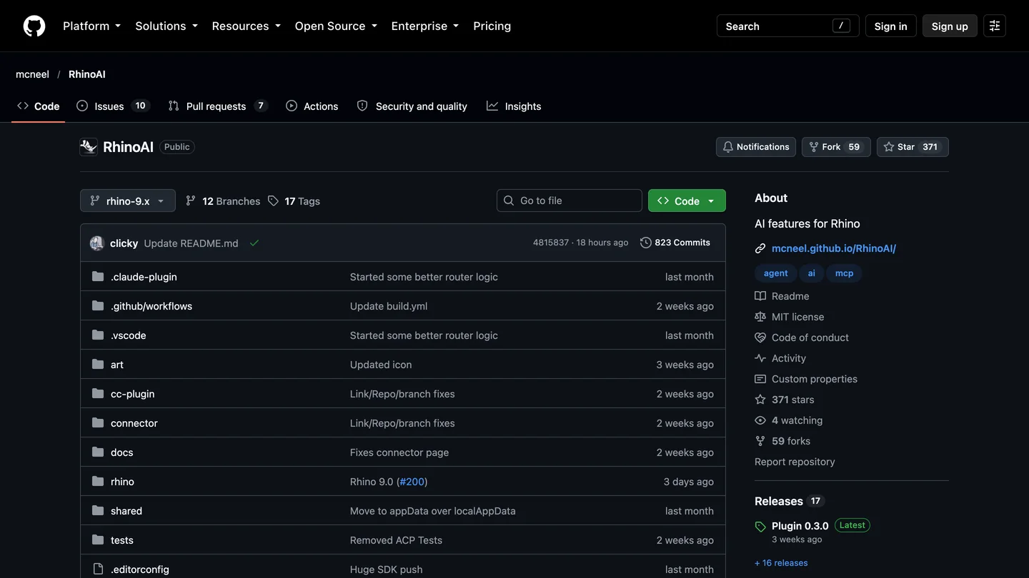 The GitHub page of mcneel/RhinoAI, described as AI features for Rhino, with 371 stars, 59 forks, 17 releases and the latest Plugin 0.3.0 release