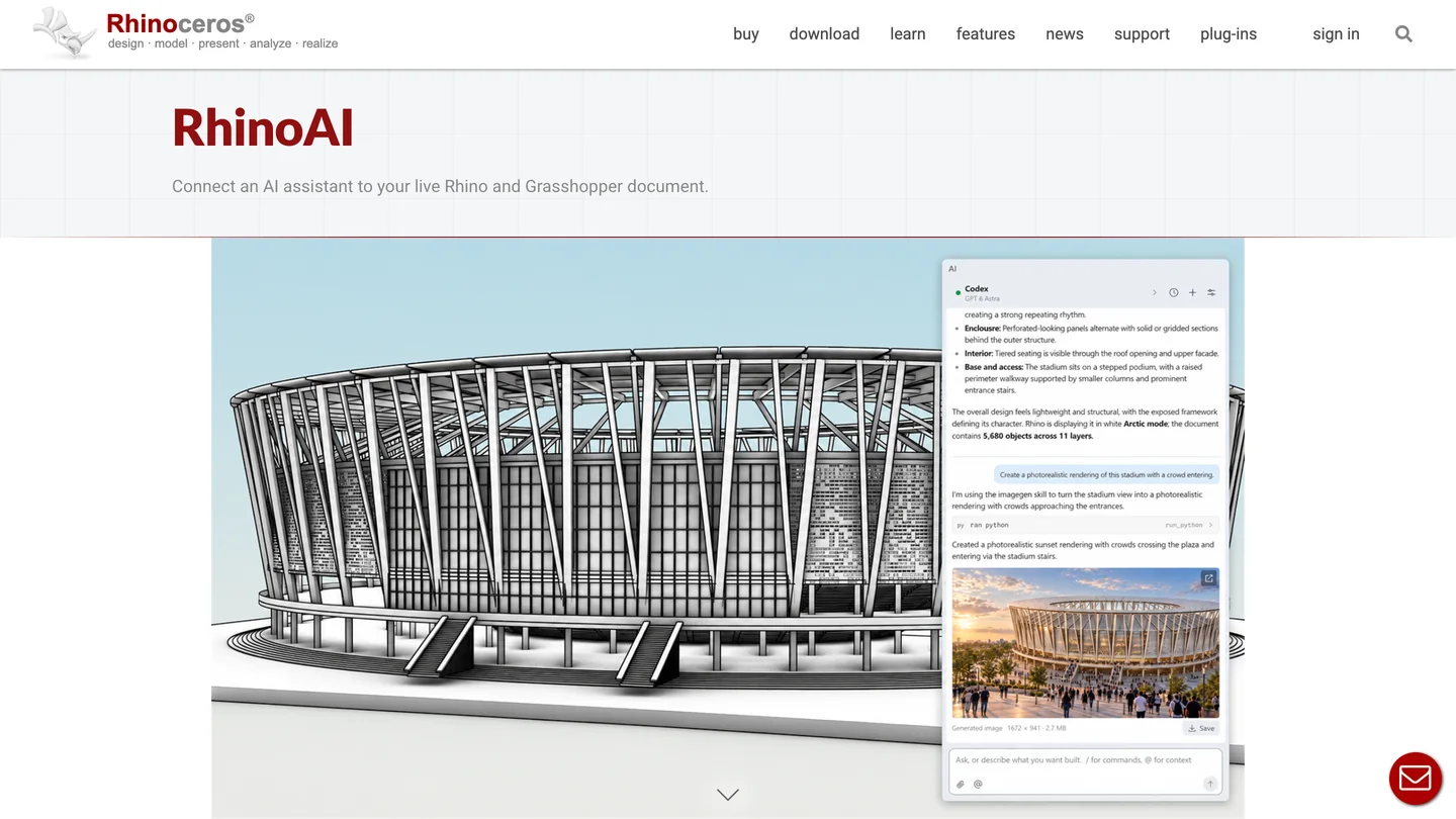 McNeel's RhinoAI feature page on rhino3d.com, headline RhinoAI, Connect an AI assistant to your live Rhino and Grasshopper document, over a stadium model with a chat panel on the right and a photorealistic render of the stadium in the panel