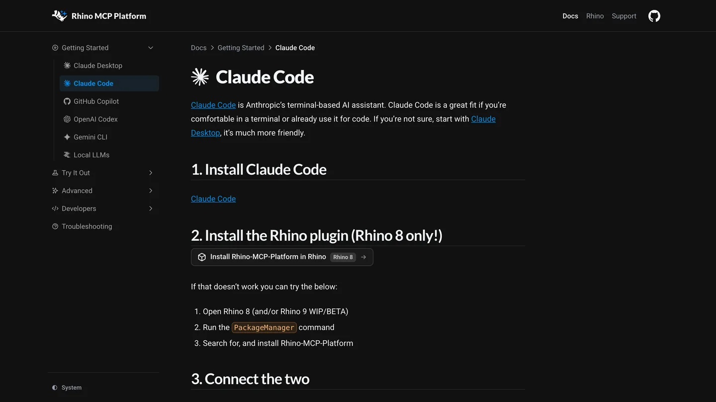 McNeel's Rhino MCP Platform documentation page for Claude Code, saying Claude Code is Anthropic's terminal-based AI assistant and a great fit if you're comfortable in a terminal, followed by steps 1. Install Claude Code, 2. Install the Rhino plugin (Rhino 8 only!) and 3. Connect the two