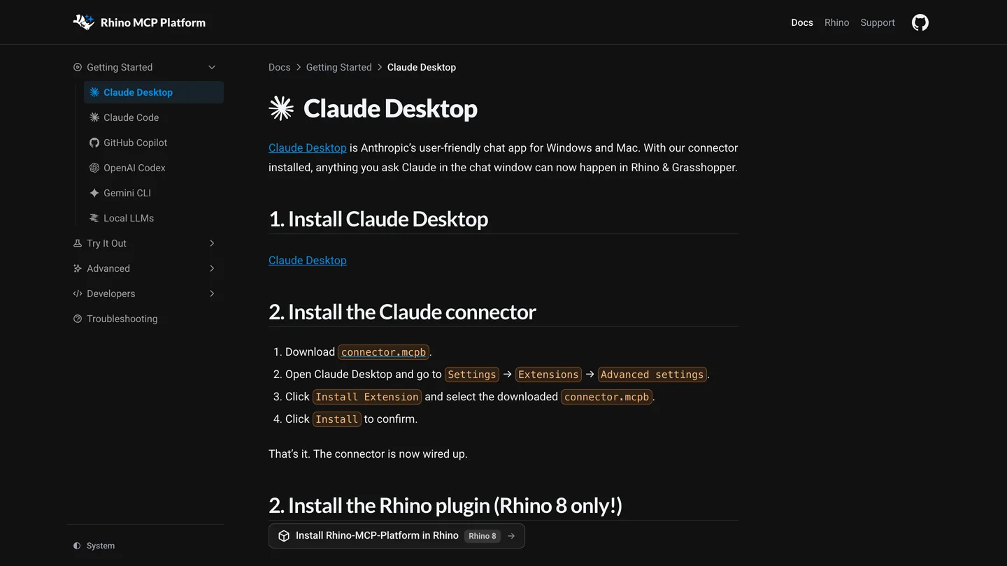 McNeel's Rhino MCP Platform documentation page for Claude Desktop: 1. Install Claude Desktop, 2. Install the Claude connector: download connector.mcpb, open Claude Desktop and go to Settings, Extensions, Advanced settings, click Install Extension and select the downloaded connector.mcpb, click Install to confirm, then Install the Rhino plugin (Rhino 8 only!)