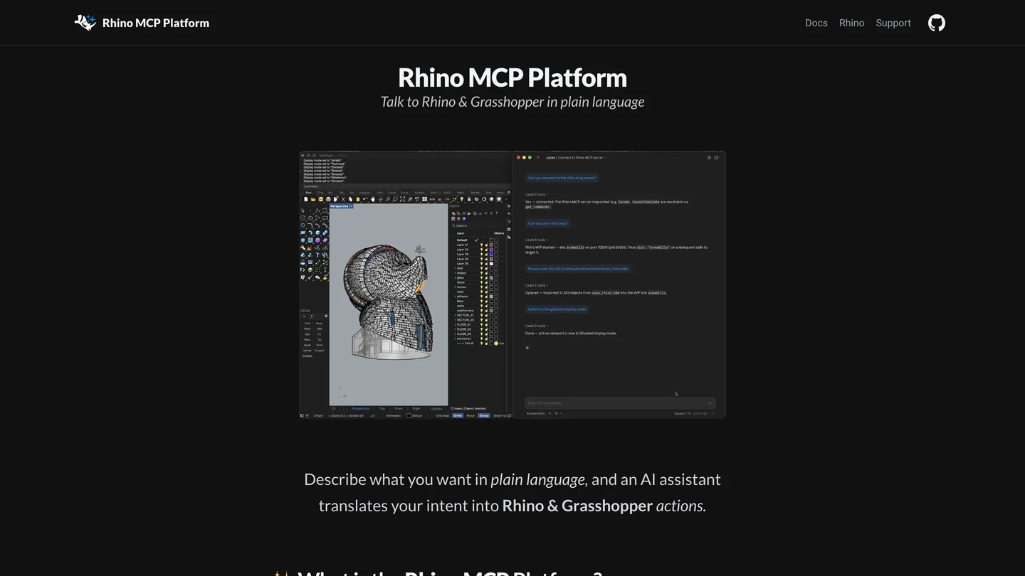 The Rhino MCP Platform documentation home page, headline Rhino MCP Platform, Talk to Rhino and Grasshopper in plain language, over a screenshot of Rhino with a sculpted model and an AI chat panel, and the line Describe what you want in plain language, and an AI assistant translates your intent into Rhino and Grasshopper actions