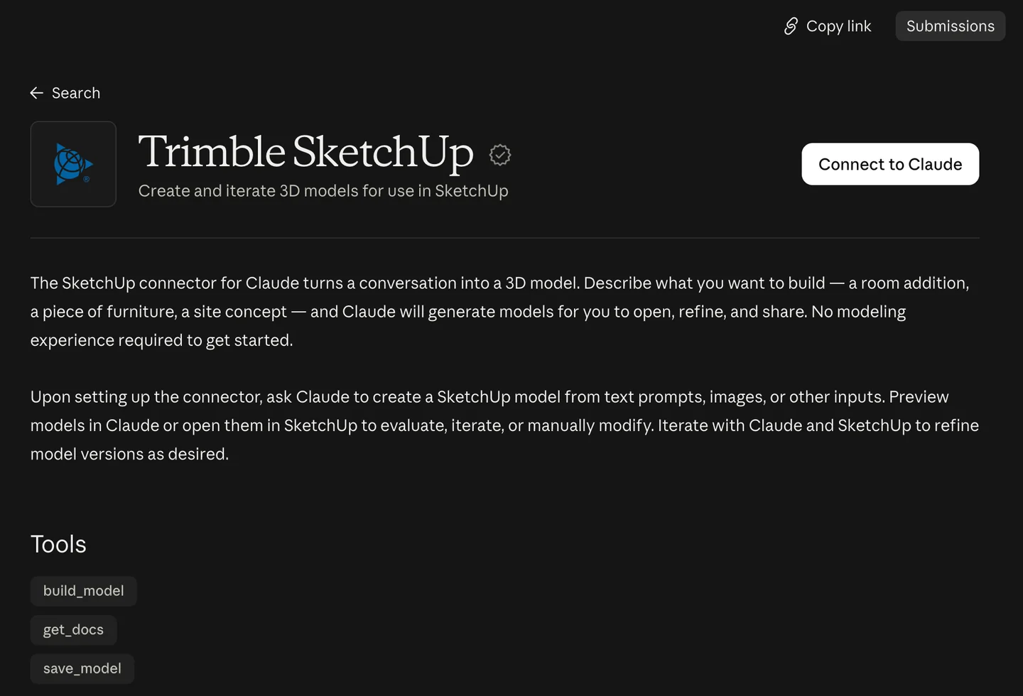 The Trimble SketchUp listing in Claude's connector directory, with a verified badge, the line Create and iterate 3D models for use in SketchUp, a Connect to Claude button, and three tools listed: build_model, get_docs and save_model