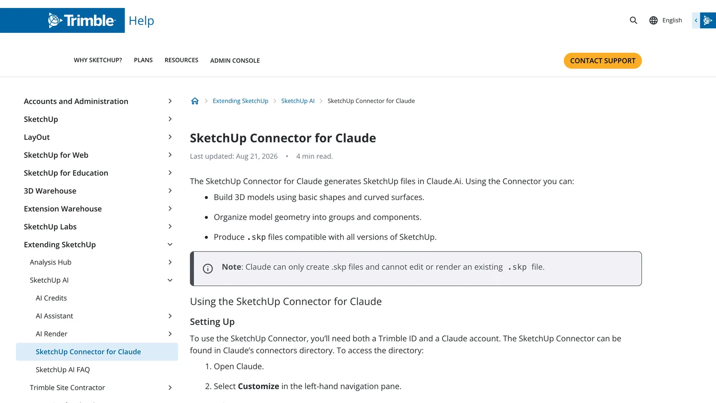 Trimble's help page titled SketchUp Connector for Claude, last updated Aug 21 2026, with a highlighted note that says Claude can only create .skp files and cannot edit or render an existing .skp file