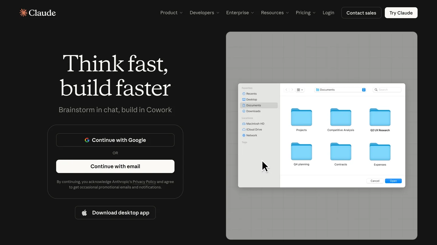 The Claude homepage on claude.com with the headline Think fast, build faster, Continue with Google and Continue with email buttons, and a Download desktop app link