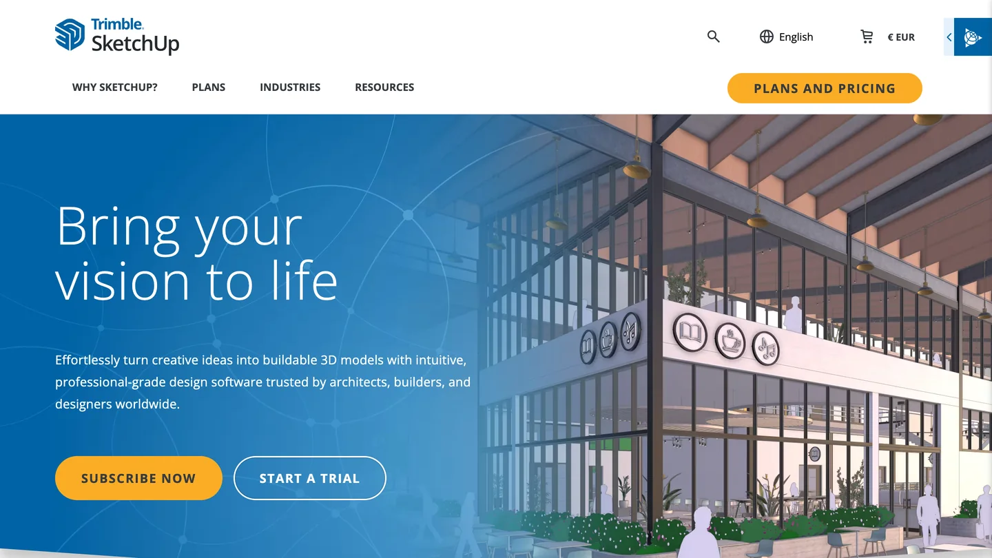The SketchUp homepage on sketchup.trimble.com with the headline Bring your vision to life, a rendered building with a glass facade, and Subscribe now and Start a trial buttons