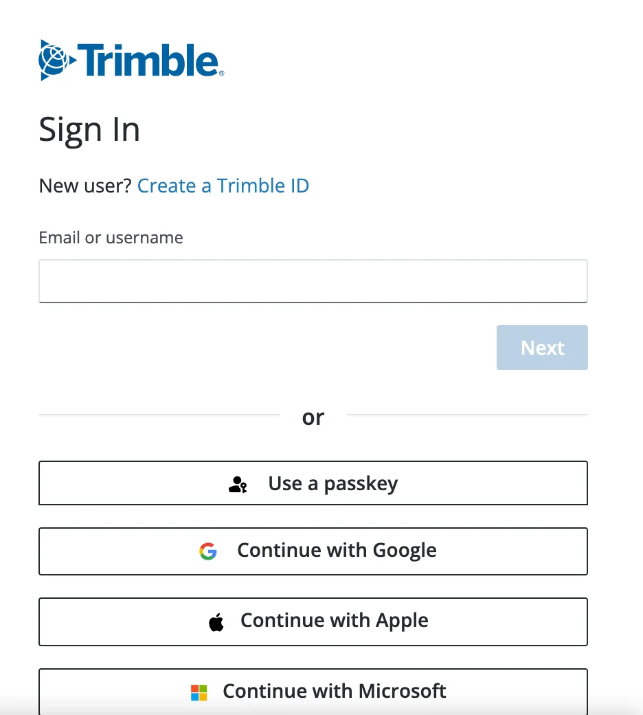 The Trimble ID sign-in page that opens after clicking Connect to Claude, with an Email or username field and options to use a passkey or continue with Google, Apple or Microsoft