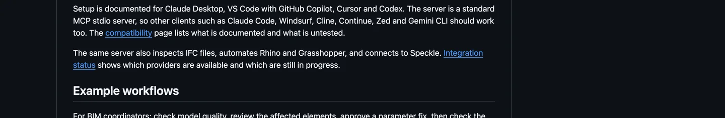 The AEC Model Bridge README on GitHub: setup is documented for Claude Desktop, VS Code with GitHub Copilot, Cursor and Codex; the server is a standard MCP stdio server, so other clients such as Claude Code, Windsurf, Cline, Continue, Zed and Gemini CLI should work too