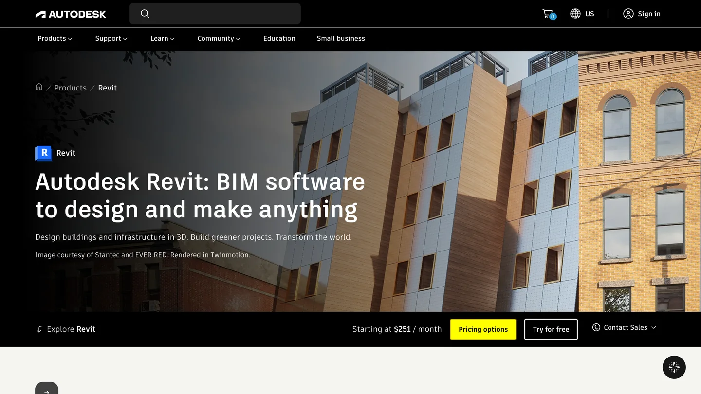 The Autodesk Revit product page with the headline Autodesk Revit: BIM software to design and make anything over a photo of a brick and glass building