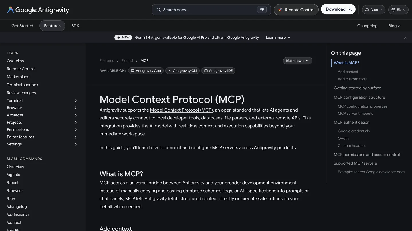 Google Antigravity's documentation page titled Model Context Protocol (MCP), available on the Antigravity app, Antigravity CLI and Antigravity IDE, with an On this page list including MCP configuration structure, MCP server timeouts and MCP permissions and access control, under a banner announcing Gemini 4 Argon for Google AI Pro and Ultra