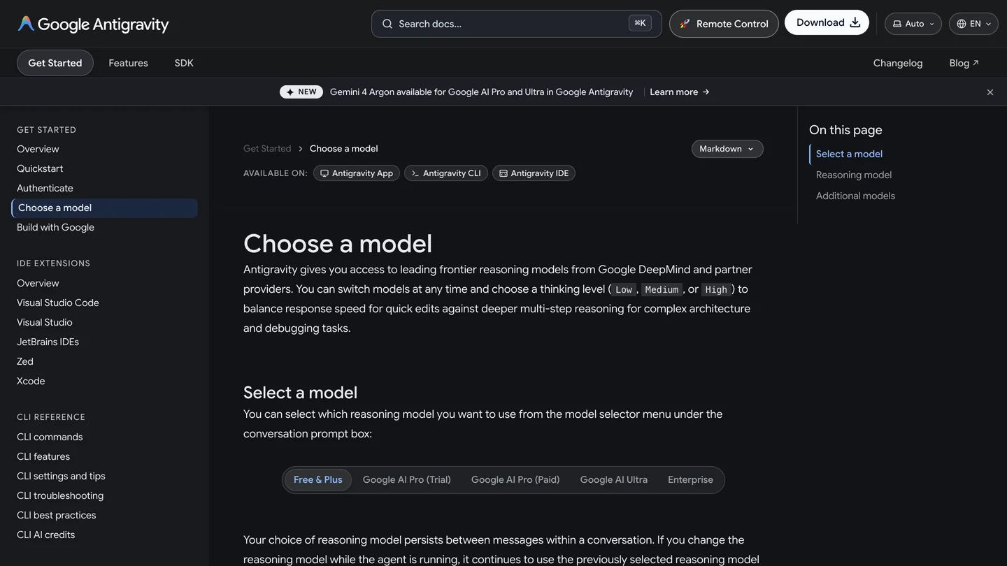 Google Antigravity's Choose a model page, with a banner reading Gemini 4 Argon available for Google AI Pro and Ultra in Google Antigravity, and plan tabs for Free and Plus, Google AI Pro (Trial), Google AI Pro (Paid), Google AI Ultra and Enterprise