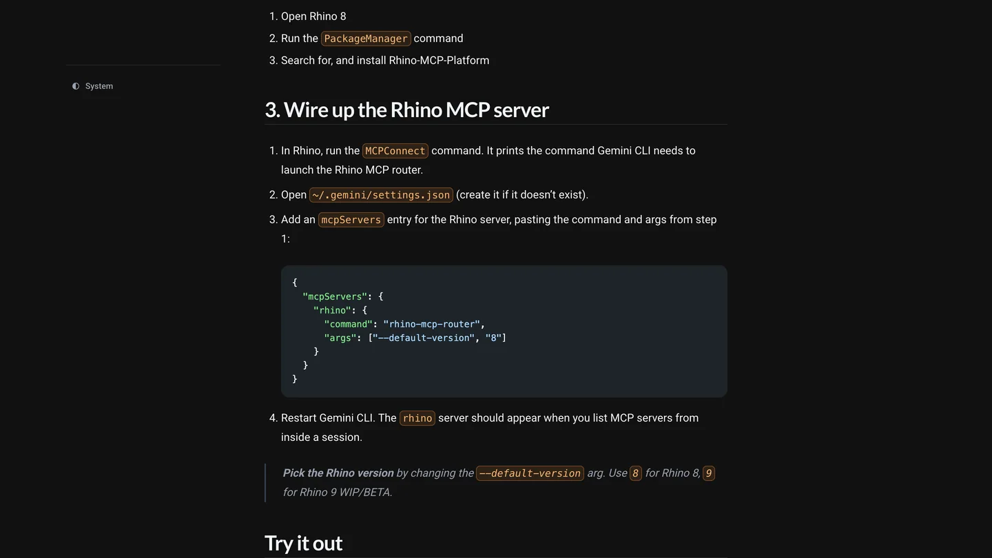 McNeel's Rhino MCP Platform documentation page for Gemini CLI, step 3 Wire up the Rhino MCP server: run MCPConnect in Rhino, open ~/.gemini/settings.json, add an mcpServers entry named rhino with the command rhino-mcp-router and the args --default-version 8, then restart Gemini CLI