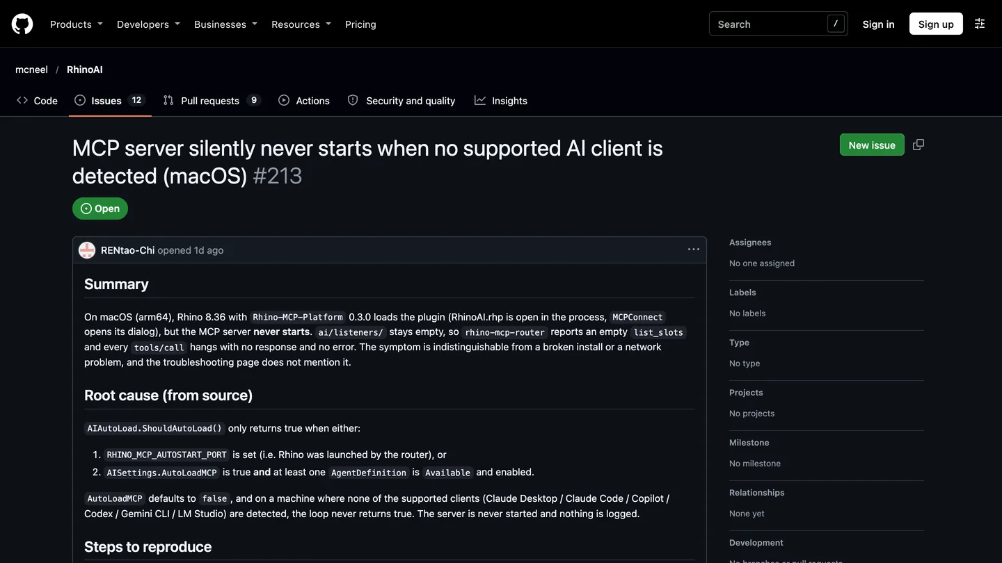 GitHub issue 213 on mcneel/RhinoAI, open, titled MCP server silently never starts when no supported AI client is detected (macOS), with a Root cause section explaining that AIAutoLoad.ShouldAutoLoad only returns true when RHINO_MCP_AUTOSTART_PORT is set or AutoLoadMCP is true and a supported agent is available