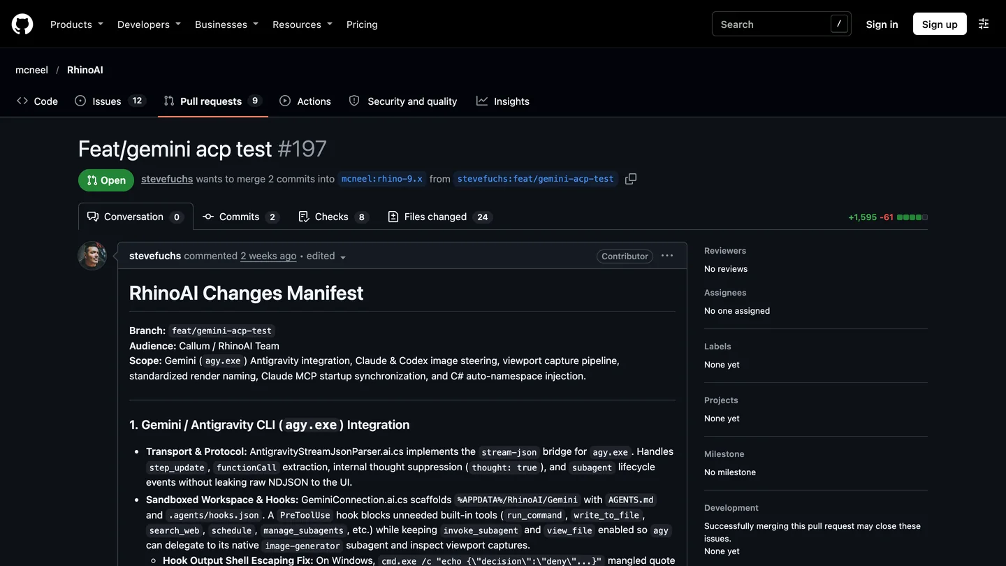 GitHub pull request 197 on mcneel/RhinoAI, Feat/gemini acp test by stevefuchs, open, marked Contributor, with a RhinoAI Changes Manifest whose first section is Gemini / Antigravity CLI (agy.exe) Integration, describing a stream-json bridge for agy.exe and a sandboxed workspace with hooks