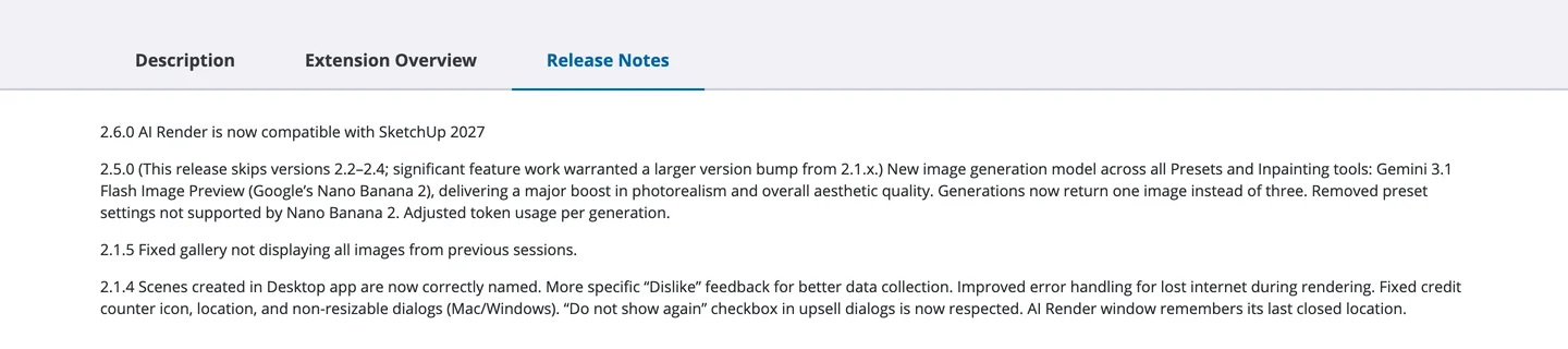 Release notes for SketchUp's AI Render extension on the Extension Warehouse: version 2.6.0 adds SketchUp 2027 support, and version 2.5.0 switches all presets and inpainting tools to Gemini 3.1 Flash Image Preview, Google's Nano Banana 2, returning one image instead of three