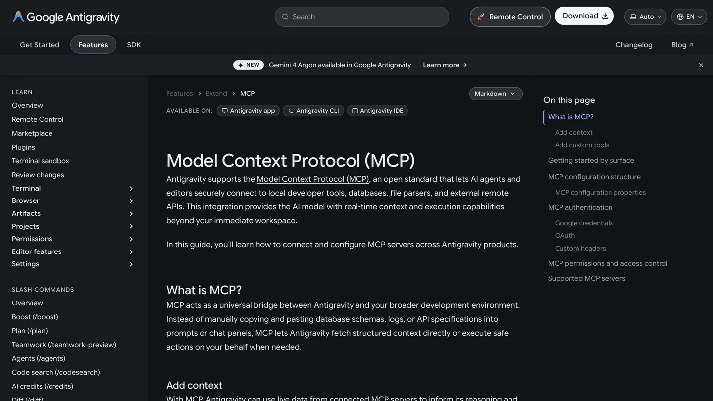 Google Antigravity's documentation page titled Model Context Protocol (MCP), available on the Antigravity app, Antigravity CLI and Antigravity IDE, with a banner announcing Gemini 4 Argon in Google Antigravity