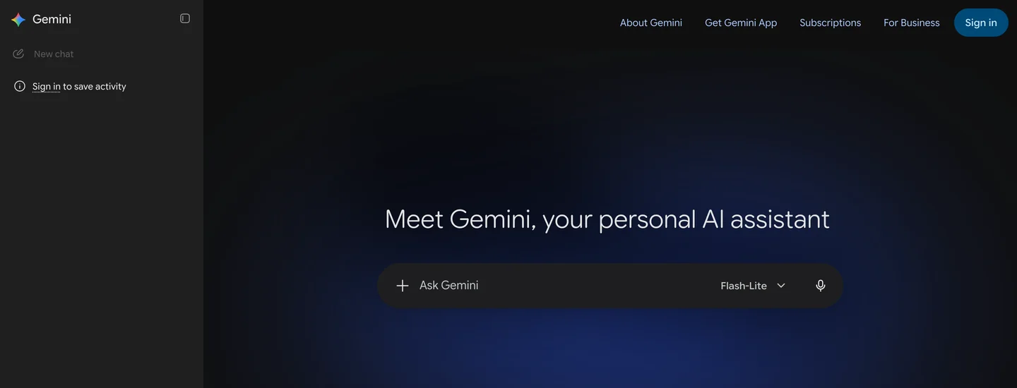 The Gemini web app at gemini.google.com with the headline Meet Gemini, your personal AI assistant, an Ask Gemini input box set to Flash-Lite, and a Sign in button