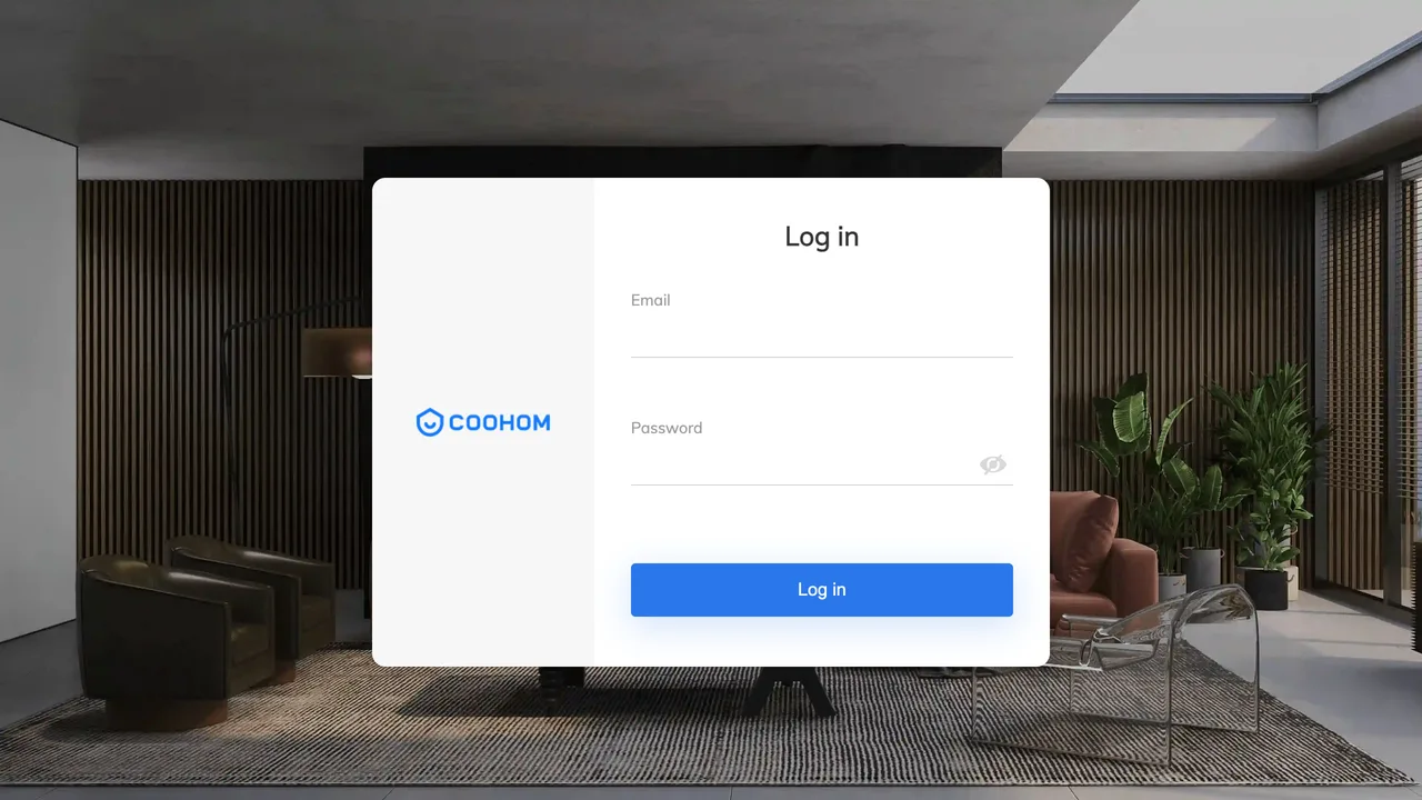 Coohom AIHom AI home design sign-in screen with one of Coohom own photorealistic 3D living room renders in the background