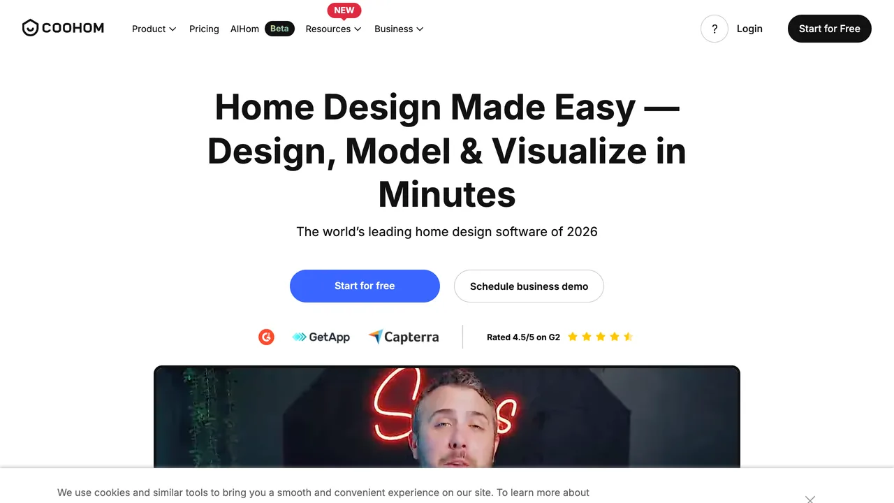 The Coohom homepage in 2026 with the tagline Home Design Made Easy, Design, Model and Visualize in Minutes, rated 4.5 out of 5 on G2, GetApp and Capterra