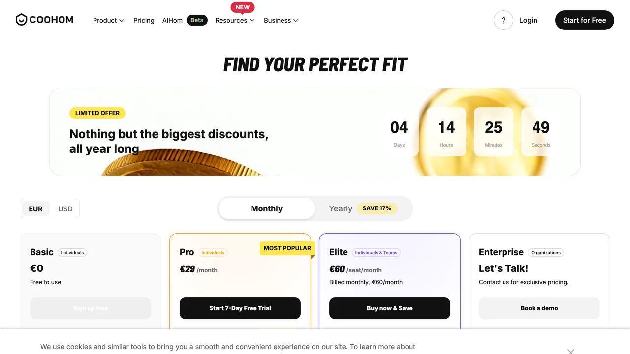 Coohom 2026 pricing page showing Basic free, Pro at 29 per month, Elite at 60 per seat per month and custom Enterprise, with a 17 percent yearly discount