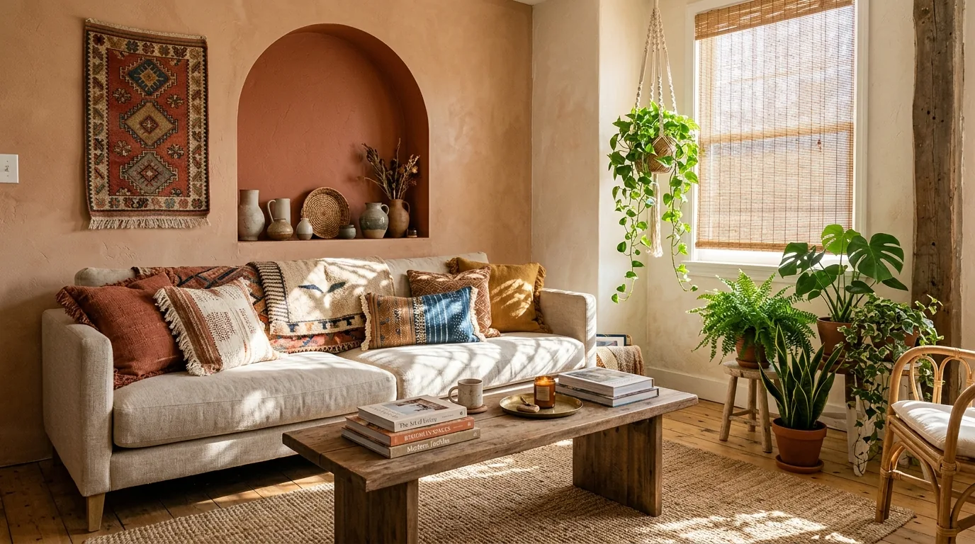 Photorealistic bohemian living room in terracotta and cream with a linen sofa, kilim, plants and dappled leaf shadows across a jute rug, rendered by MeltFlex AI