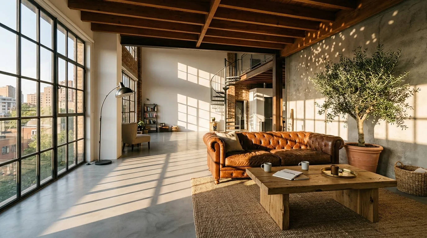Photorealistic contemporary loft with microcement floors, wood beams, a leather sofa and bold window-grid shadows raking across the floor, rendered by MeltFlex AI