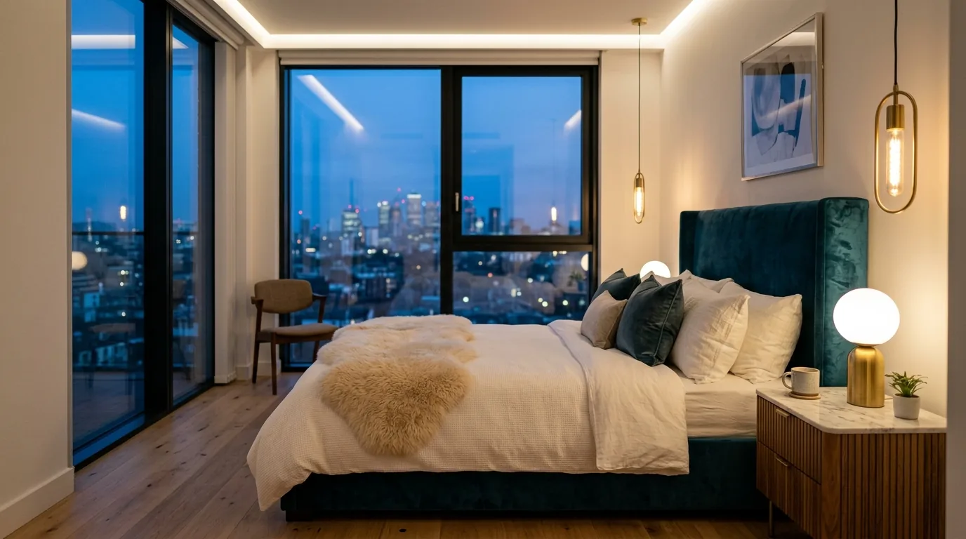 Photorealistic contemporary bedroom at blue hour with a teal velvet headboard, warm bedside lamps and a blurred city skyline through the window, rendered by MeltFlex AI