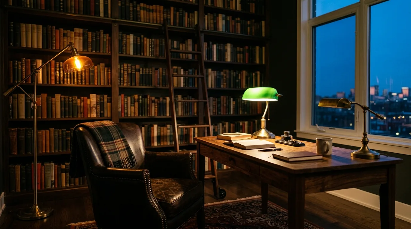 Photorealistic moody home office at night with a green banker's lamp, leather chair, floor-to-ceiling bookshelves and a blue-hour city view, rendered by MeltFlex AI