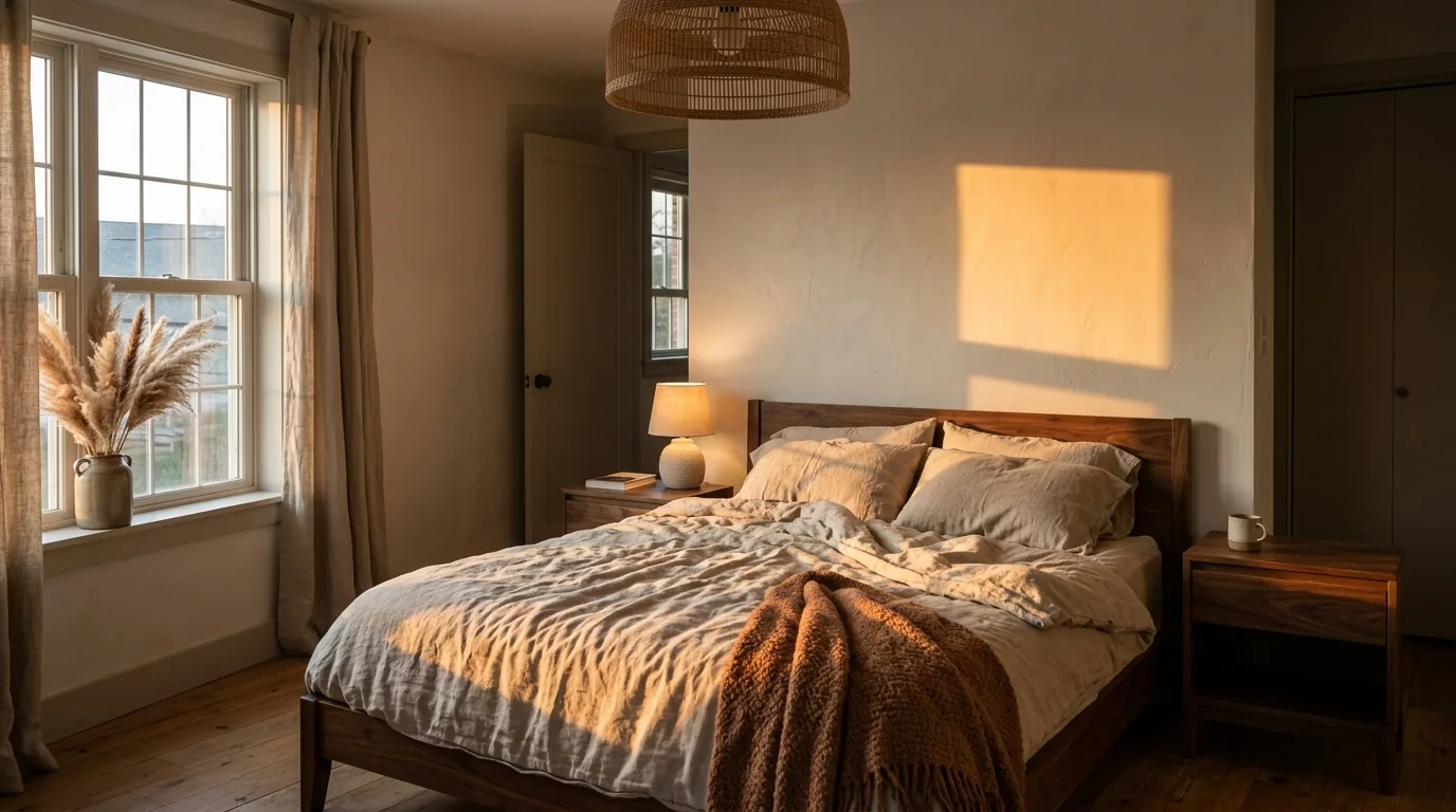 Photorealistic warm minimalist bedroom at golden hour with linen bedding and a glowing rectangle of sunlight on a plastered wall, rendered by MeltFlex AI