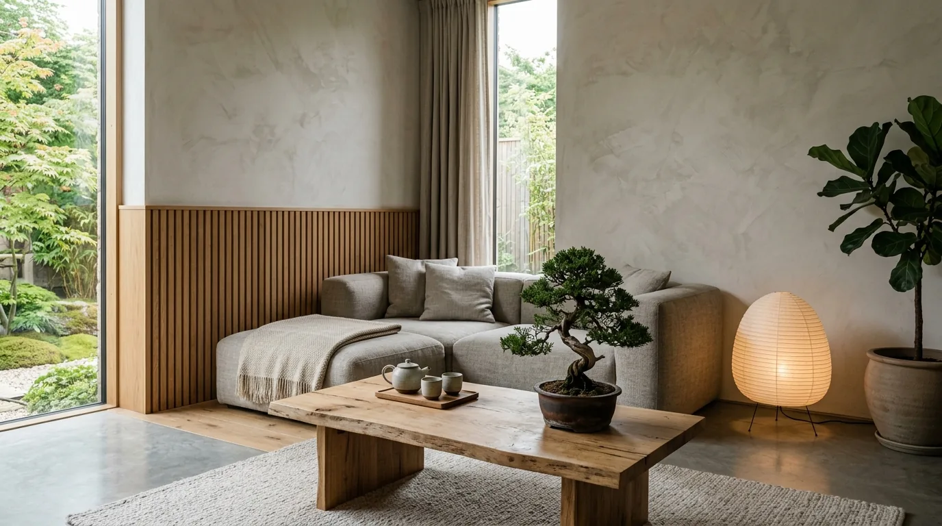 Photorealistic Japandi living room with a wood slat wall, limewashed plaster, a linen sofa, a paper lantern and a bonsai under soft overcast light, rendered by MeltFlex AI