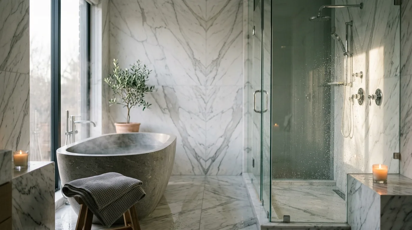 Photorealistic luxury marble bathroom with a stone soaking tub, glass shower with water droplets and polished chrome fixtures, rendered by MeltFlex AI