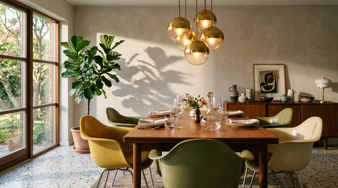Photorealistic mid-century dining room with a teak table, shell chairs, brass globe pendants and patterned leaf shadows on a plaster wall, rendered by MeltFlex AI