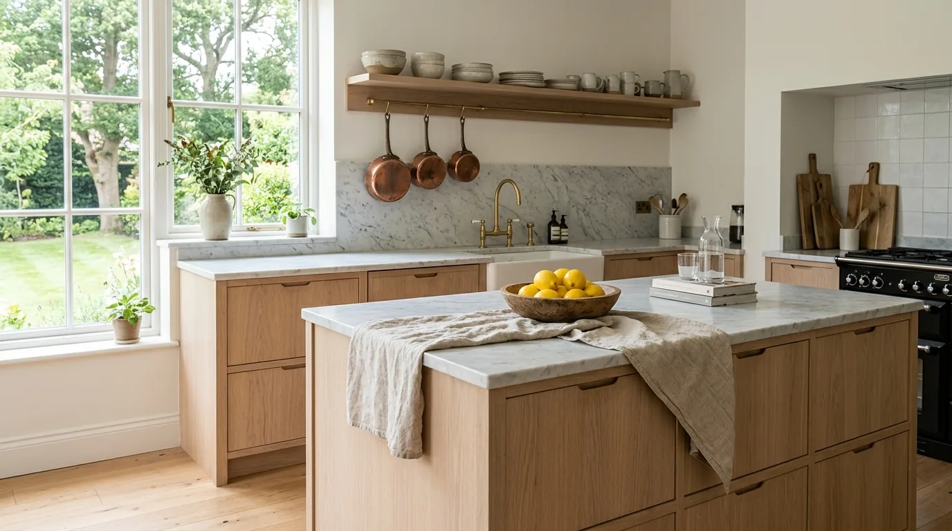 Photorealistic Scandinavian kitchen with pale oak cabinetry, a Carrara marble island, brass tapware and hanging copper pans in bright daylight, rendered by MeltFlex AI