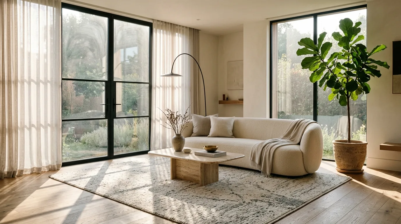 Photorealistic sunlit modern living room with a bouclé sofa, travertine coffee table and long soft shadows across an oak floor, rendered by MeltFlex AI