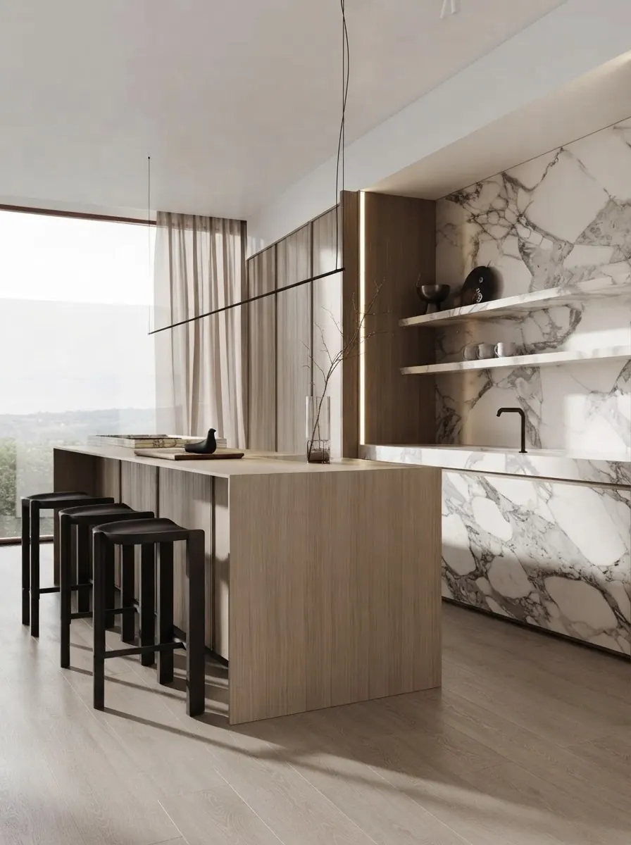 Warm wood kitchen island with a marble backsplash wall and three tall black backless stools pushed under the overhang at the end of the island