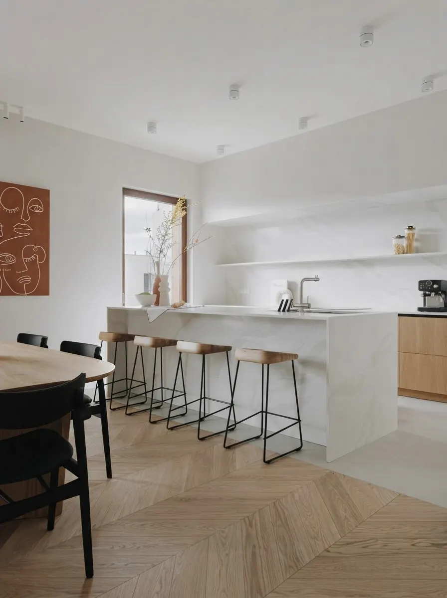 White kitchen island with four backless counter stools with wood seats and black steel frames, a round wood dining table with black chairs in the foreground showing table height next to counter height