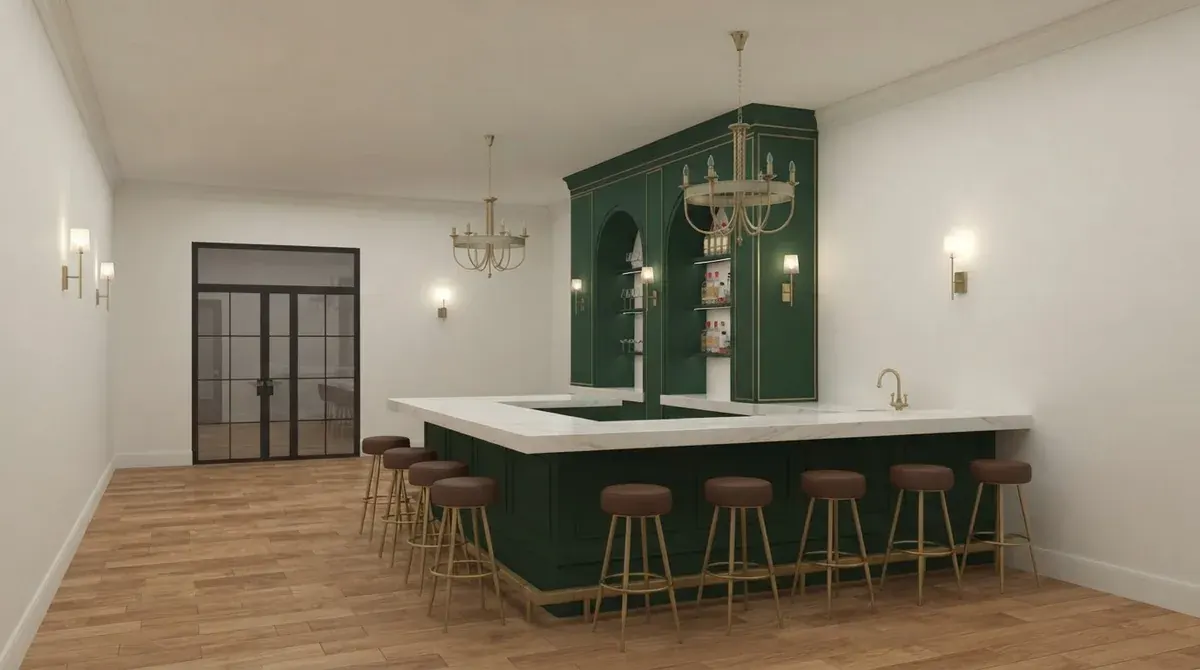 Home bar with forest green paneled cabinetry, a long white bar counter with a brass foot rail and a row of round leather bar stools with gold frames on a wood floor