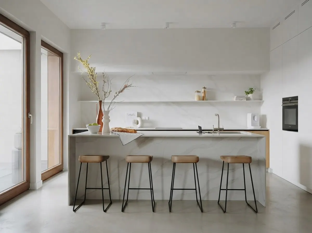 White marble waterfall island in a bright white kitchen with four evenly spaced backless counter stools with wood seats and black steel sled bases