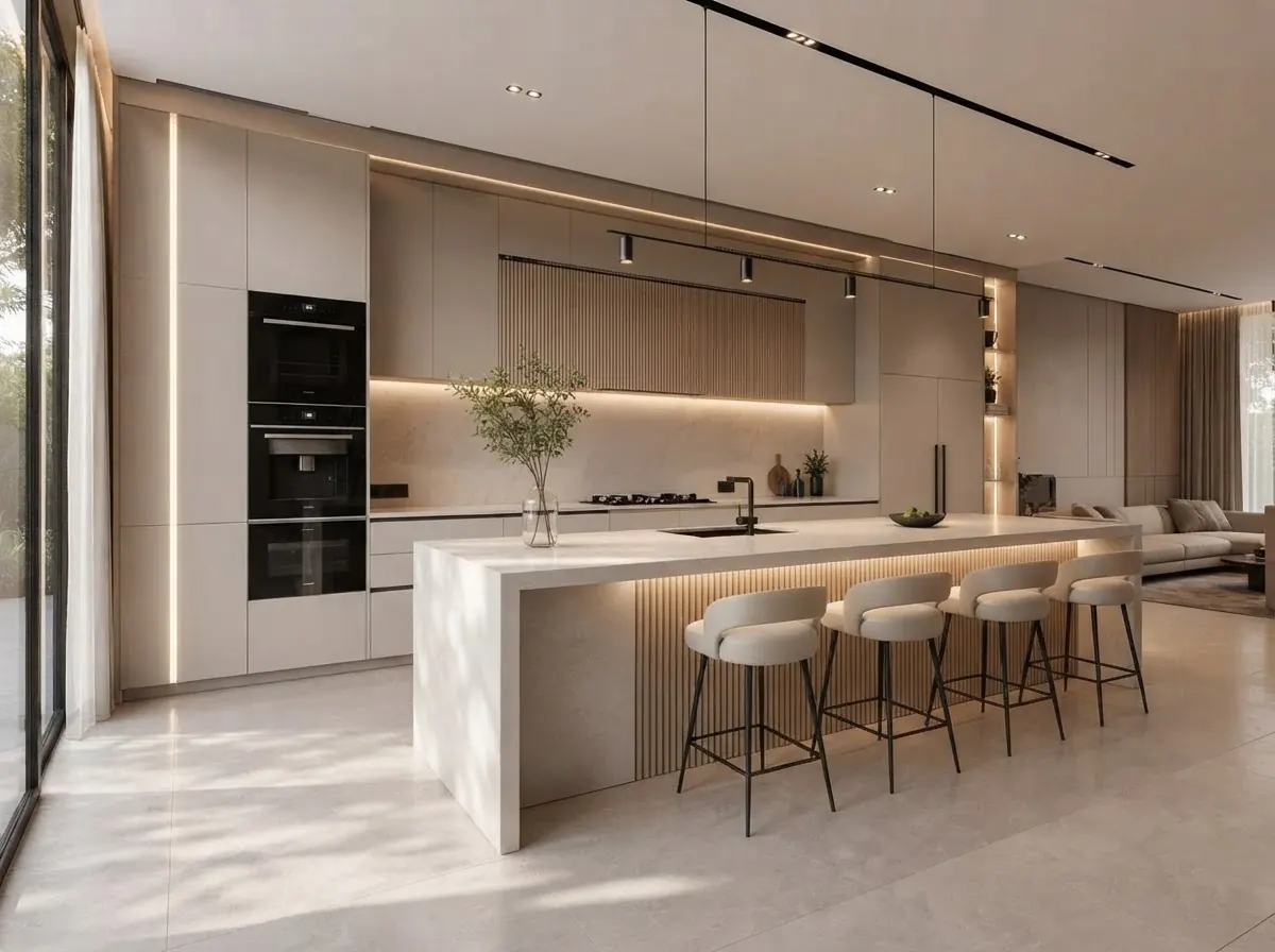 Large cream kitchen with a long waterfall island lit underneath, five upholstered counter stools with curved backs along the front, built in black ovens and track lights
