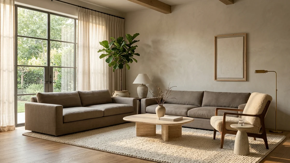 A serene warm-minimalist 2026 living room with greige plaster walls, a low mushroom-linen sofa, a travertine plinth table, a shearling lounge chair, and warm side light, planned in DeepSeek and rendered in MeltFlex