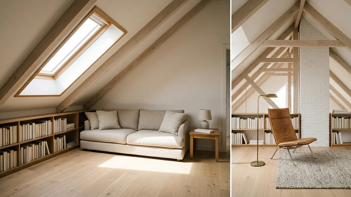 An attic living room that works with its steeply sloped ceiling: a low linen sofa tucked under the slope, low bookshelves along the eaves, and a reading chair in the tall part of the room