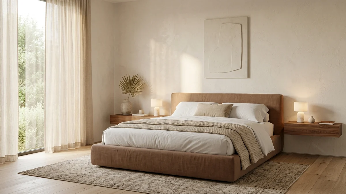 A calm 2026 bedroom with a low clay-brown linen platform bed, floating walnut nightstands, warm plaster walls, and soft morning light through linen curtains