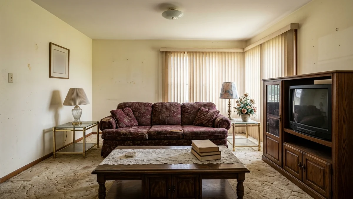 A dated living room with a worn burgundy floral sofa, a boxy old TV in an oak unit, vertical blinds, brass-and-glass tables, and beige carpet, the kind of tired room DeepSeek will audit from a photo (prompt 1)