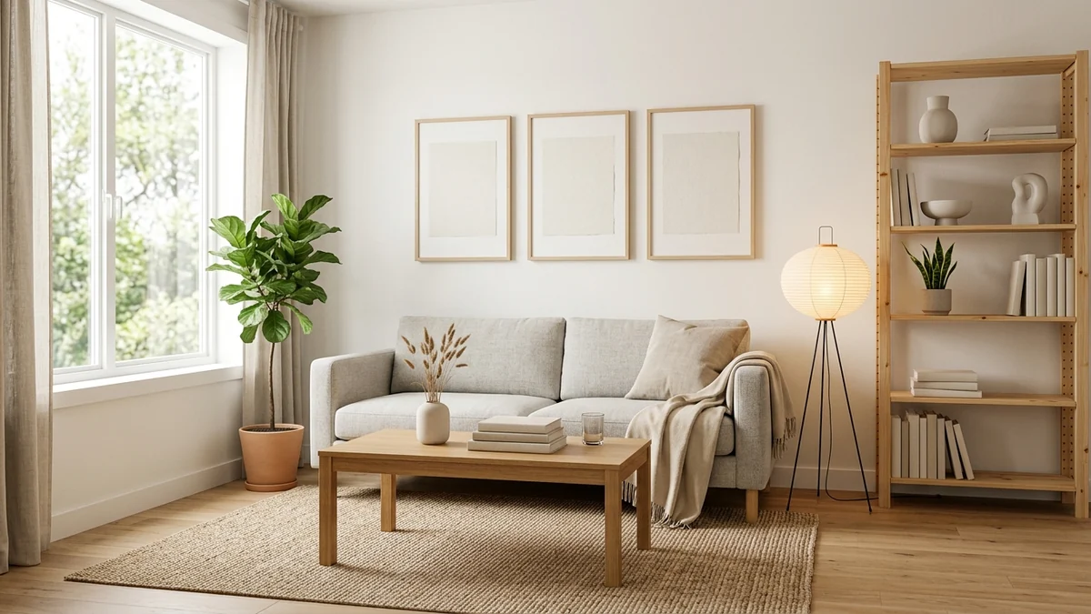 An affordable living room styled to look three times its price: a light-grey sofa, an oak-veneer coffee table, open pine shelving, a flatweave rug, and a paper floor lamp
