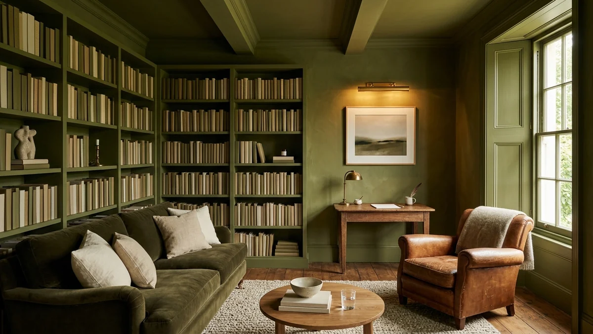 A snug study-living room tastefully color-drenched in deep olive green, walls, trim, and ceiling one tone, with an olive velvet sofa, a cognac leather chair, brass picture light, and cream accents to break it up