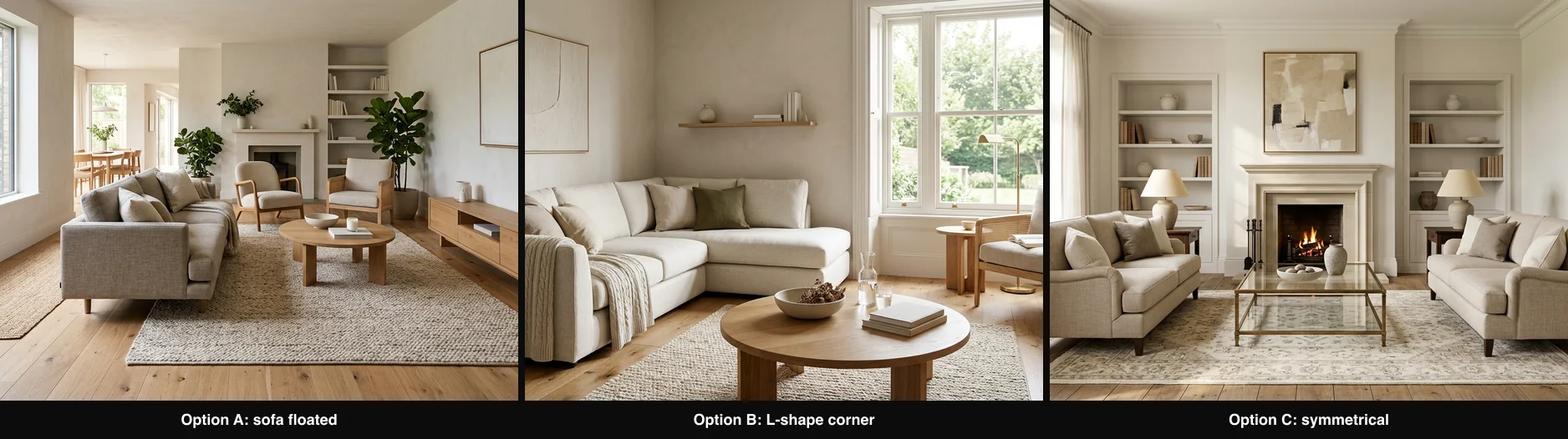 Three layout options for the same living room side by side: a floated sofa layout, an L-shaped corner sectional, and a symmetrical facing-sofas arrangement