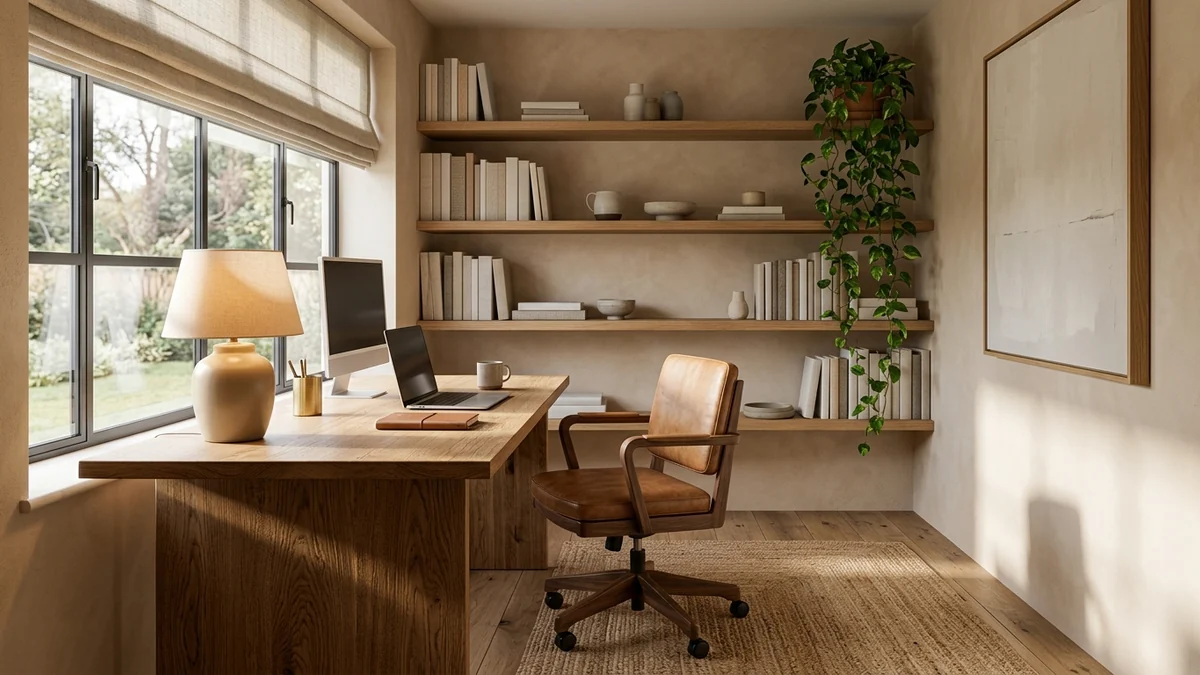 A serene modern home office with a solid oak desk set side-on to a large window, a walnut leather task chair, a wall of oak open shelving, a jute rug, and warm reflected daylight