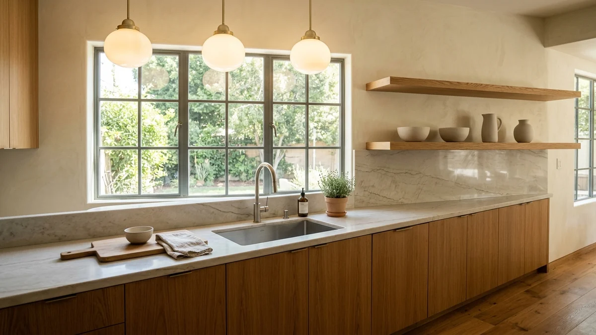 A warm modern kitchen with flat-front warm-oak cabinets, a creamy plaster wall, a honed pale-quartzite worktop and slab backsplash, slim brushed-nickel tapware, and three opal-glass dome pendants glowing over the counter