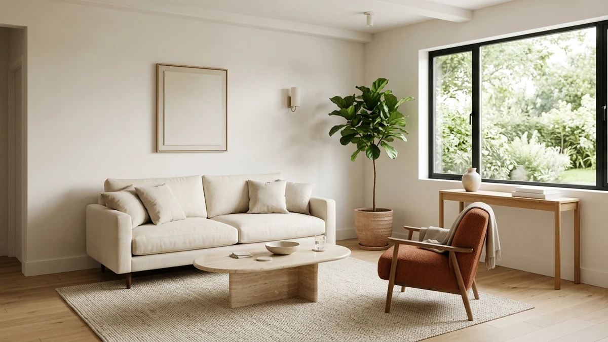 A small, bright living room with a well-reasoned layout: a two-seat sofa floated off the wall, a travertine coffee table, one terracotta armchair, and a clear walking path around everything