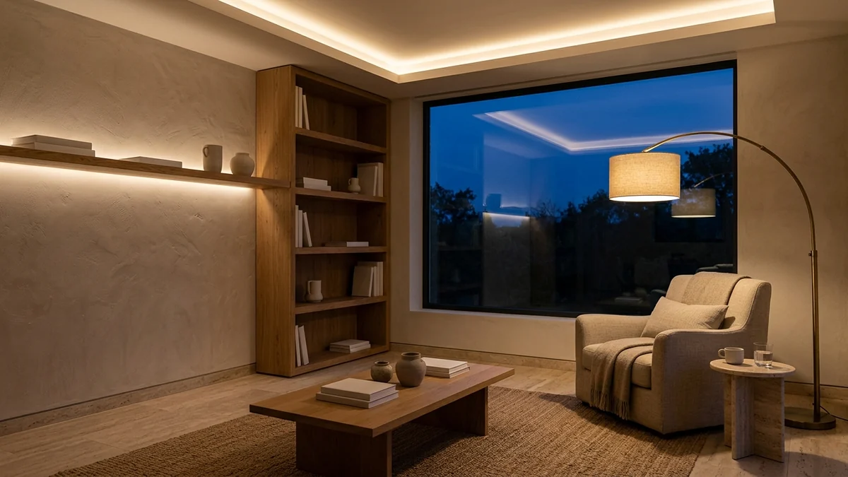 A warm-minimal living room lit in three layers at dusk: soft ambient ceiling glow, a warm task pool from a brass arc lamp over a reading chair, and low accent light grazing a plastered wall